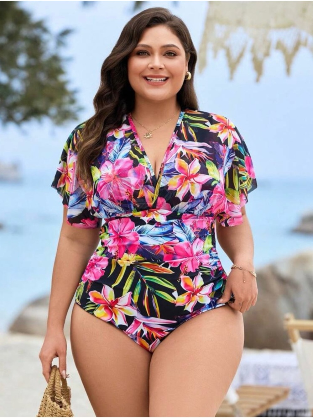 SHEIN Black Floral Plus-Size One-Piece Swimsuit with Pink & Yellow Flowers